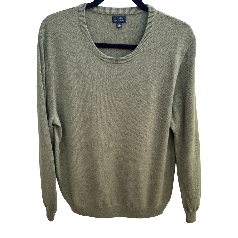 J.Crew Mens Large Olive Green 100% Cashmere Crewneck Long Sleeve Sweater